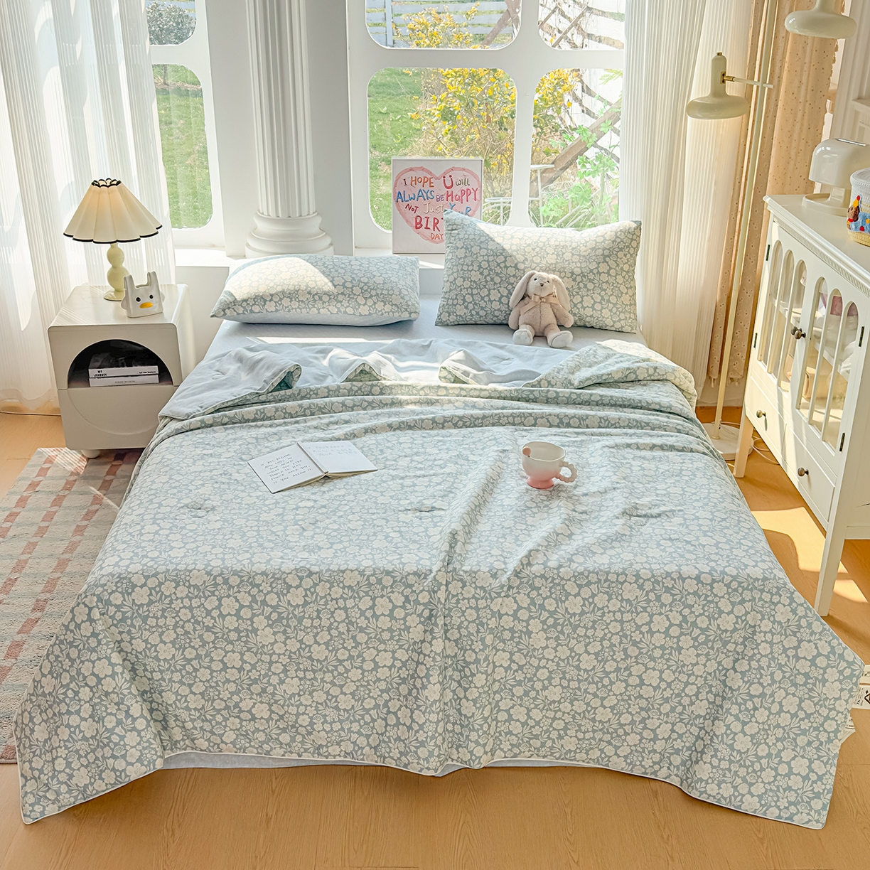 91家纺网 家纺一手货源 找家纺 典冠 2026新款100%里外全棉夏被 夏被四件套 云汐花絮-兰