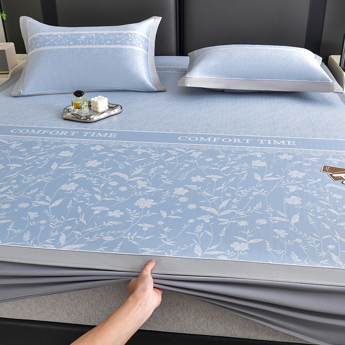 91家纺网 家纺一手货源 找家纺 （总）小牛席业 2026春夏新款PE琉璃叶语提花凉感冰丝席席子-床笠款