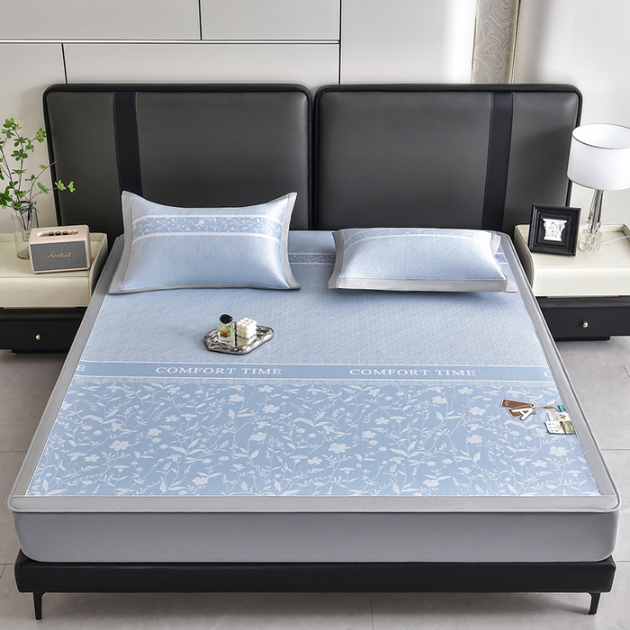 91家纺网 家纺一手货源 找家纺 （总）小牛席业 2026春夏新款PE琉璃叶语提花凉感冰丝席席子-床笠款