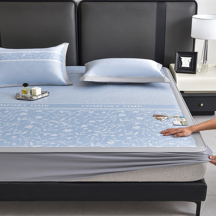 91家纺网 家纺一手货源 找家纺 （总）小牛席业 2026春夏新款PE琉璃叶语提花凉感冰丝席席子-床笠款