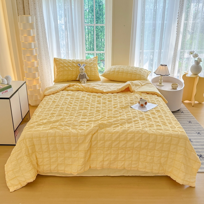 91家纺网 家纺一手货源 找家纺 瑞禾家纺 2026新款泡泡纱夏被空调被夏凉被四件套 柠檬黄