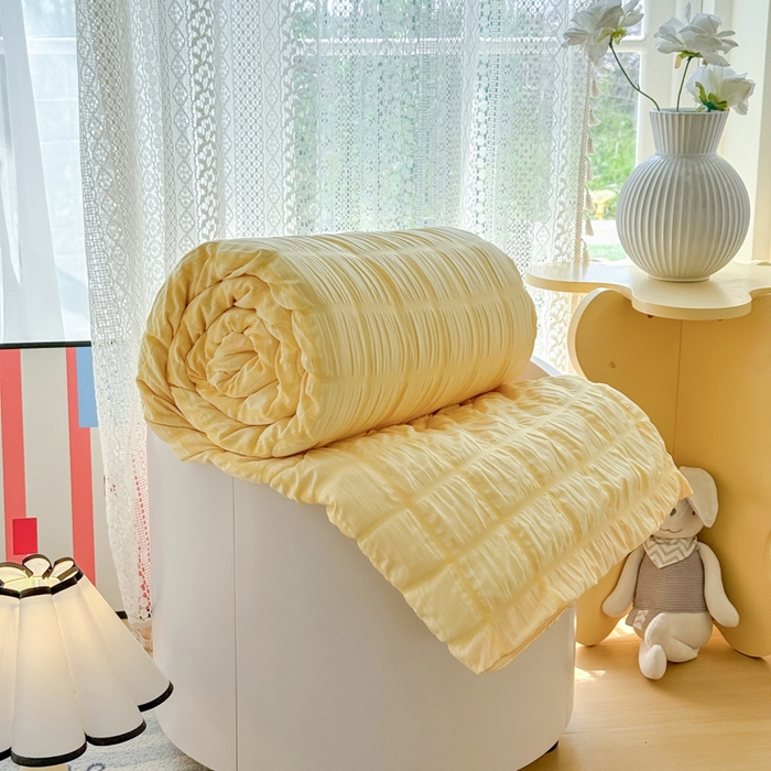 91家纺网 家纺一手货源 找家纺 瑞禾家纺 2026新款泡泡纱夏被空调被夏凉被四件套 柠檬黄
