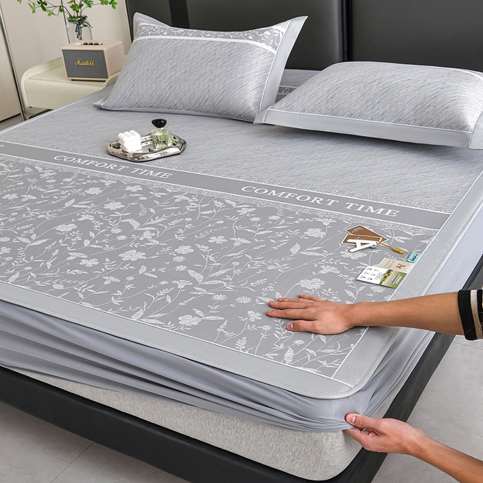 小牛席业 2026春夏新款PE琉璃叶语提花凉感冰丝席席子-床笠款 灰色