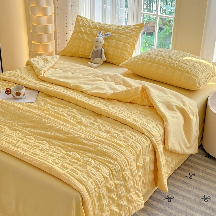 91家纺网 家纺一手货源 找家纺 瑞禾家纺 2026新款泡泡纱夏被空调被夏凉被四件套 柠檬黄