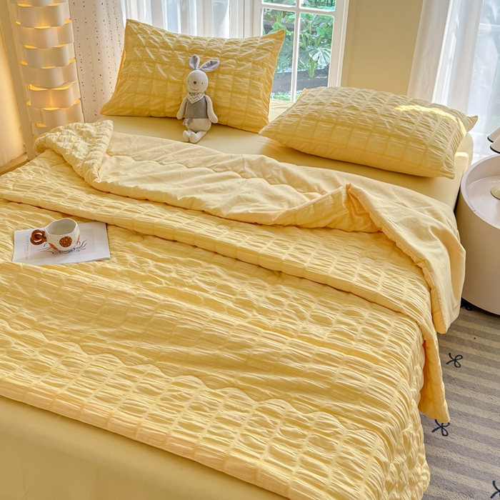 91家纺网 家纺一手货源 找家纺 瑞禾家纺 2026新款泡泡纱夏被空调被夏凉被四件套 柠檬黄