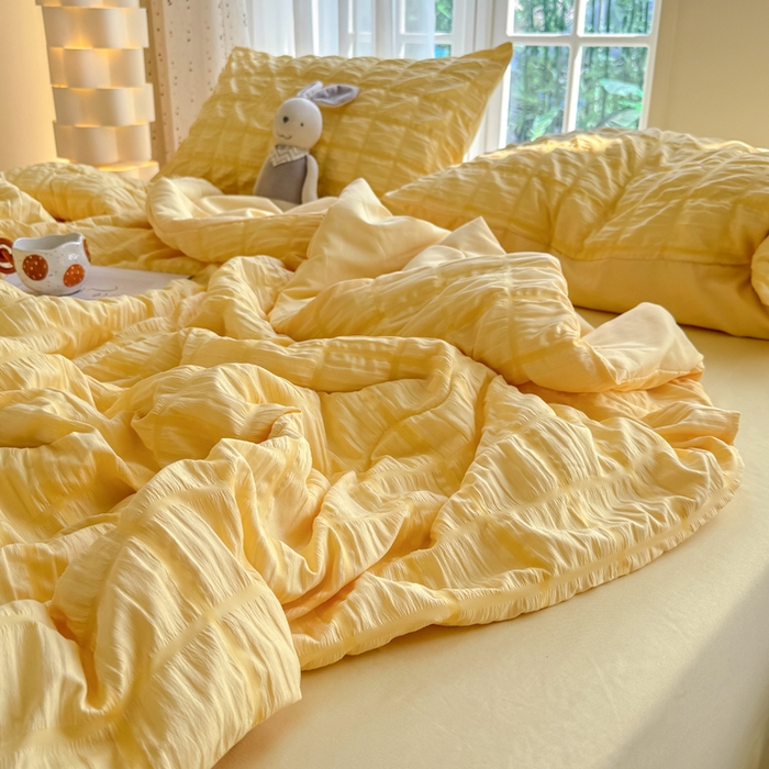 91家纺网 家纺一手货源 找家纺 瑞禾家纺 2026新款泡泡纱夏被空调被夏凉被四件套 柠檬黄
