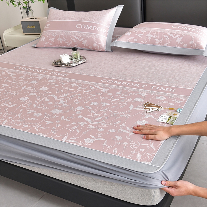 小牛席业 2026春夏新款PE琉璃叶语提花凉感冰丝席席子-床笠款 粉色