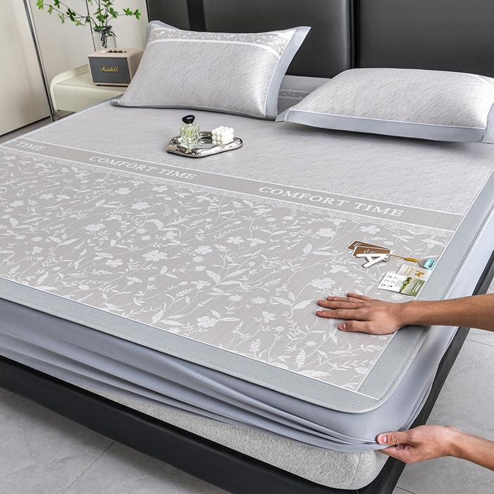 小牛席业 2026春夏新款PE琉璃叶语提花凉感冰丝席席子-床笠款 香槟