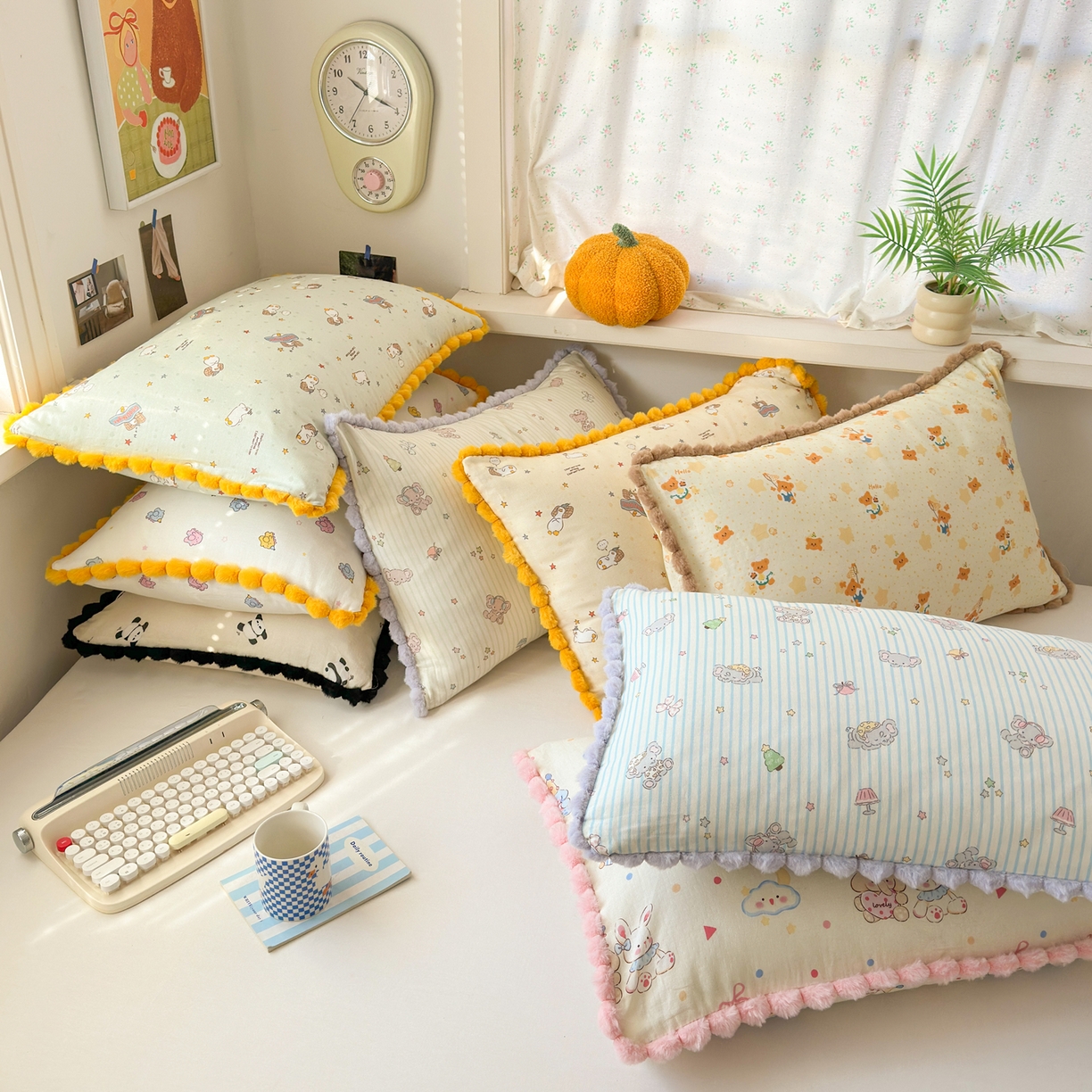 91家纺网 家纺一手货源 找家纺 （总）丽涵家纺 2026新款全棉纯棉双层纱毛球花边单品枕套枕套单件