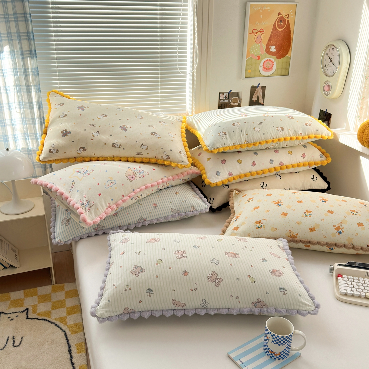 91家纺网 家纺一手货源 找家纺 （总）丽涵家纺 2026新款全棉纯棉双层纱毛球花边单品枕套枕套单件