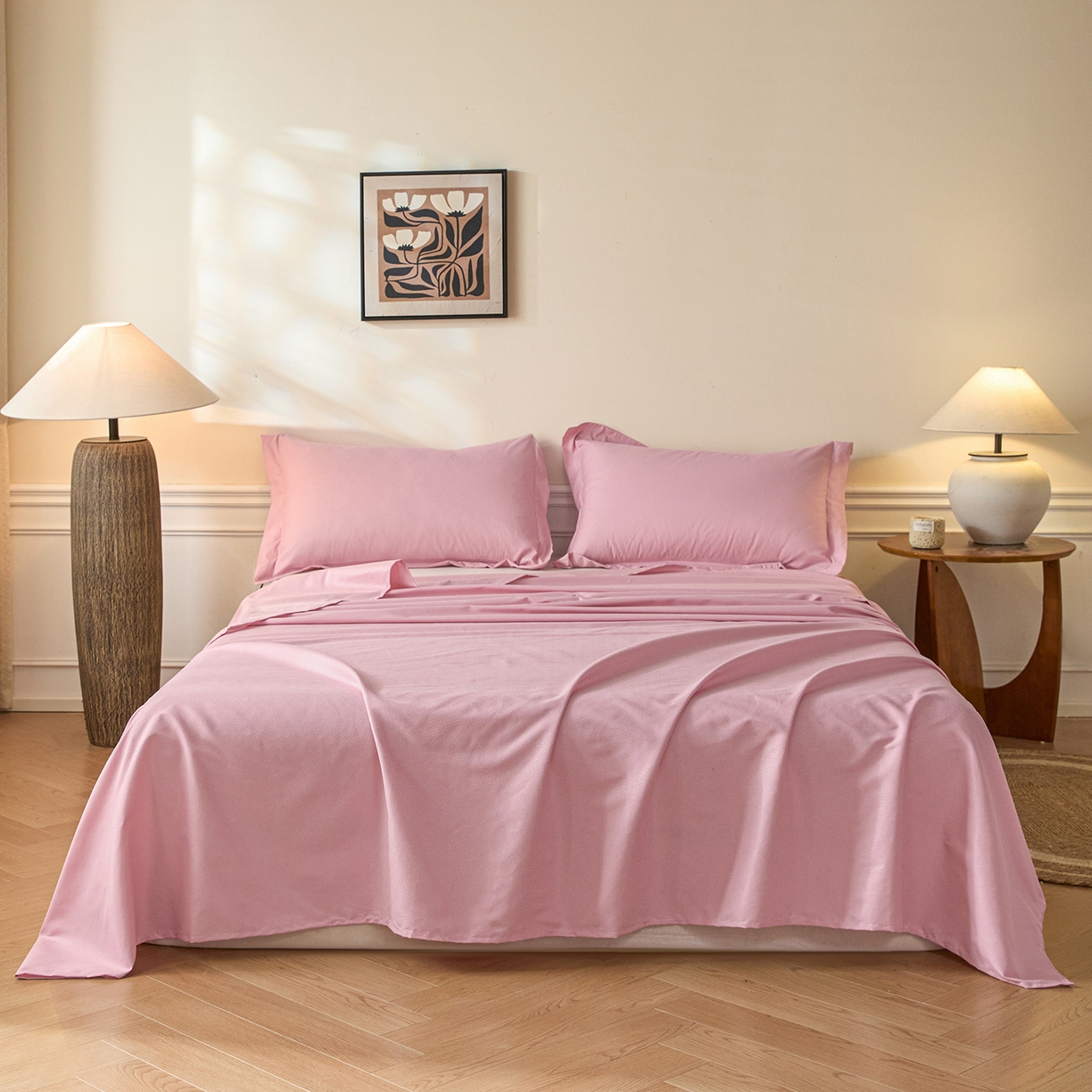 91家纺网 家纺一手货源 找家纺 露梦家纺 2026外贸内销跨境电商亚马逊速卖通磨毛单床单三件套欧美尺寸多多跨境平台TEMU 方格-粉色