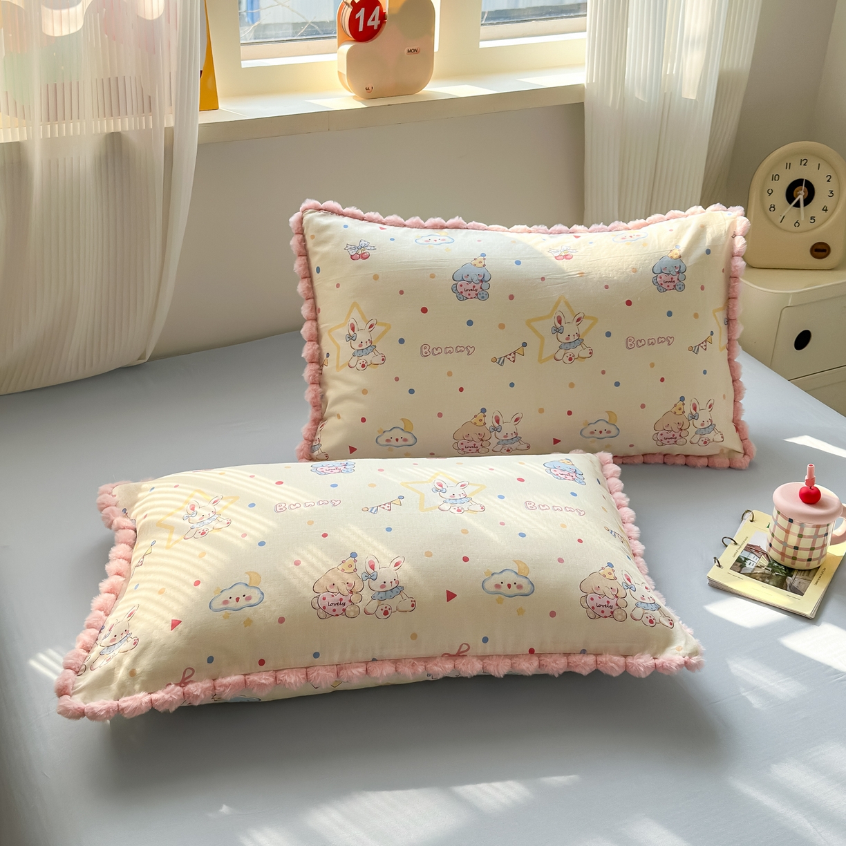 91家纺网 家纺一手货源 找家纺 （总）丽涵家纺 2026新款全棉纯棉双层纱毛球花边单品枕套枕套单件