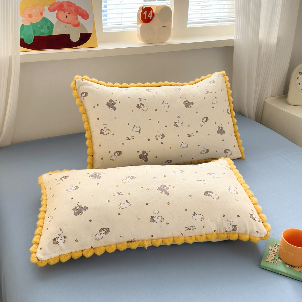 丽涵家纺 2026新款全棉纯棉双层纱毛球花边单品枕套枕套单件 晚安鸭-黄