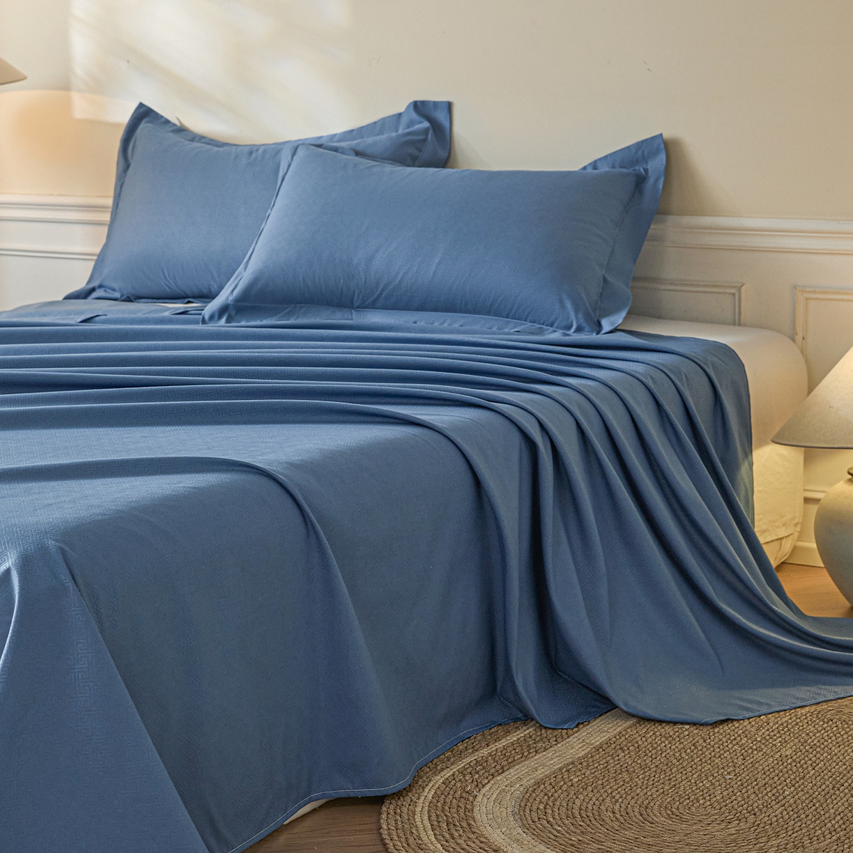 91家纺网 家纺一手货源 找家纺 露梦家纺 2026外贸内销跨境电商亚马逊速卖通磨毛单床单三件套欧美尺寸多多跨境平台TEMU 方格-蓝色