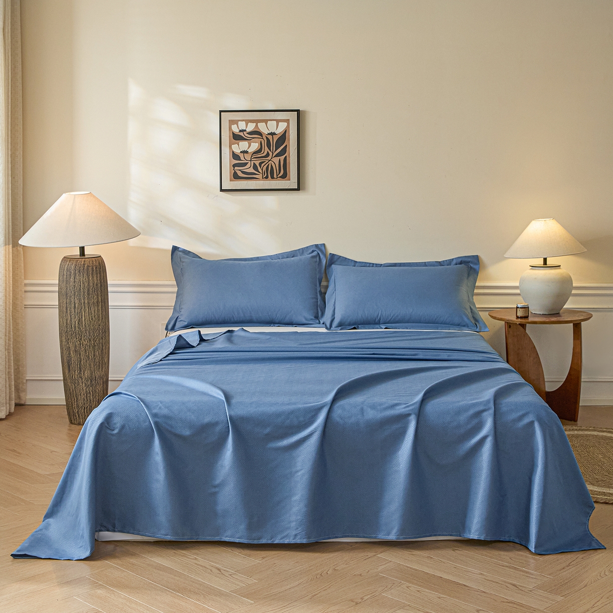 91家纺网 家纺一手货源 找家纺 露梦家纺 2026外贸内销跨境电商亚马逊速卖通磨毛单床单三件套欧美尺寸多多跨境平台TEMU 方格-蓝色