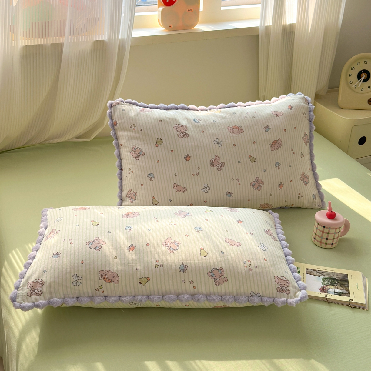 丽涵家纺 2026新款全棉纯棉双层纱毛球花边单品枕套枕套单件 音乐小象-绿