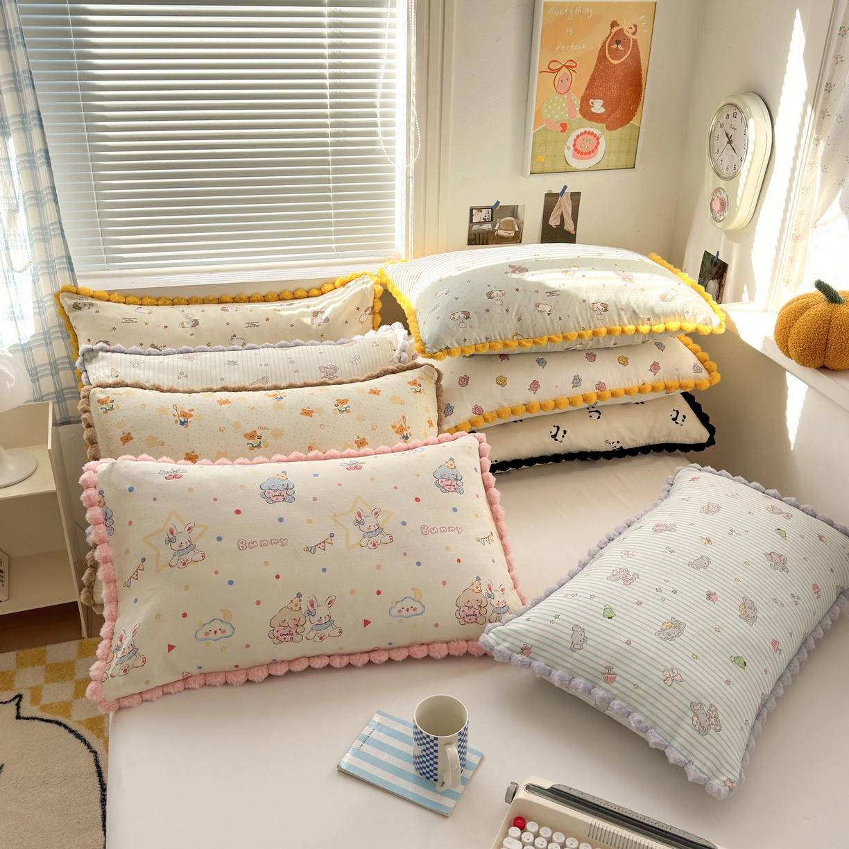 丽涵家纺 2026新款全棉纯棉双层纱毛球花边单品枕套枕套单件 组合图仅供展示不可下单