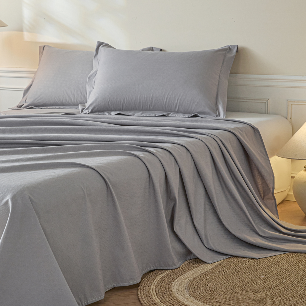 91家纺网 家纺一手货源 找家纺 露梦家纺 2026外贸内销跨境电商亚马逊速卖通磨毛单床单三件套欧美尺寸多多跨境平台TEMU 方格-浅灰