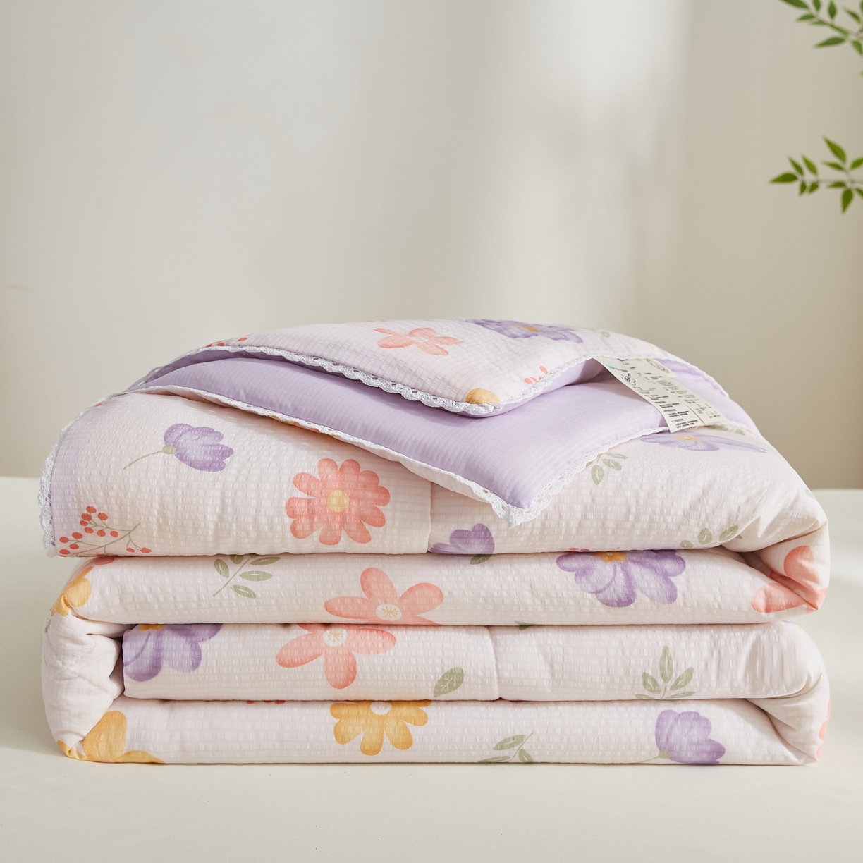 91家纺网 家纺一手货源 找家纺 帕芬鸟家纺 2026春夏新款双层皱皱纱水洗棉大豆夏被夏凉被空调被 花海