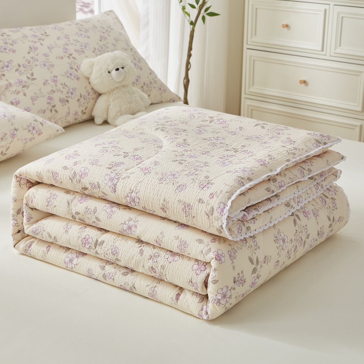 91家纺网 家纺一手货源 找家纺 帕芬鸟家纺 2026春夏新款双层皱皱纱水洗棉大豆夏被夏凉被空调被 花间蜜语