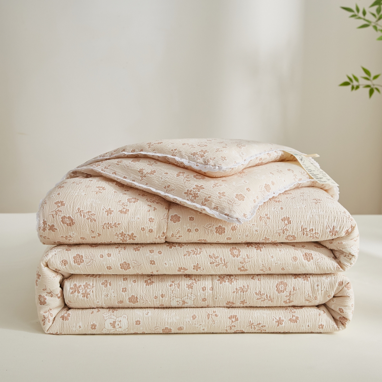 91家纺网 家纺一手货源 找家纺 帕芬鸟家纺 2026春夏新款双层皱皱纱水洗棉大豆夏被夏凉被空调被 花间小熊