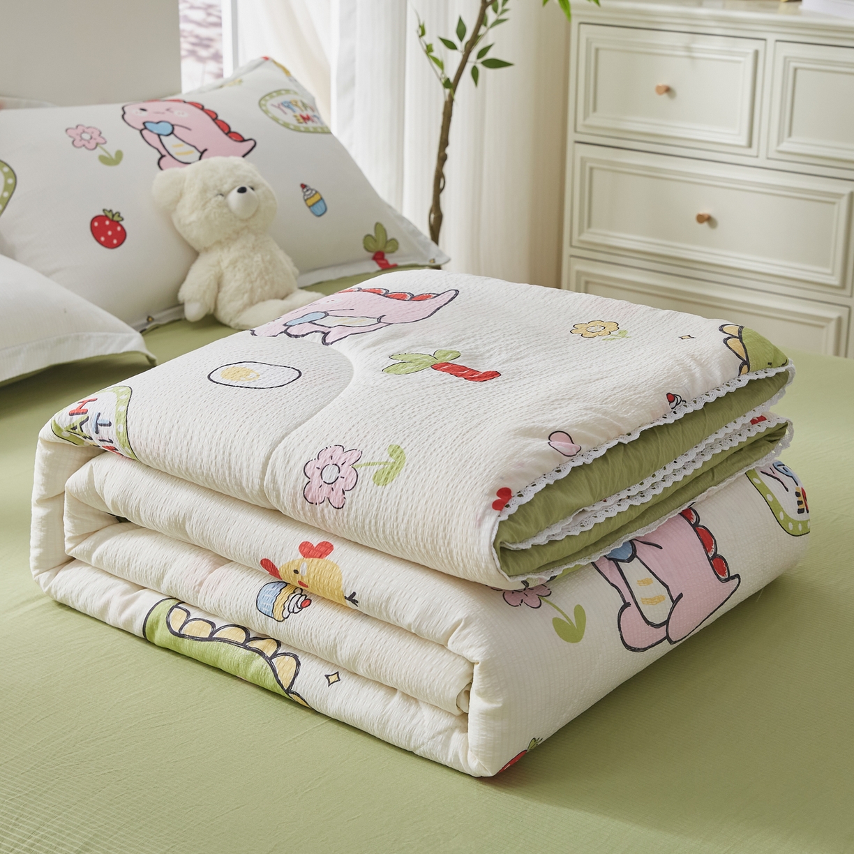 91家纺网 家纺一手货源 找家纺 帕芬鸟家纺 2026春夏新款双层皱皱纱水洗棉大豆夏被夏凉被空调被 恐龙谷