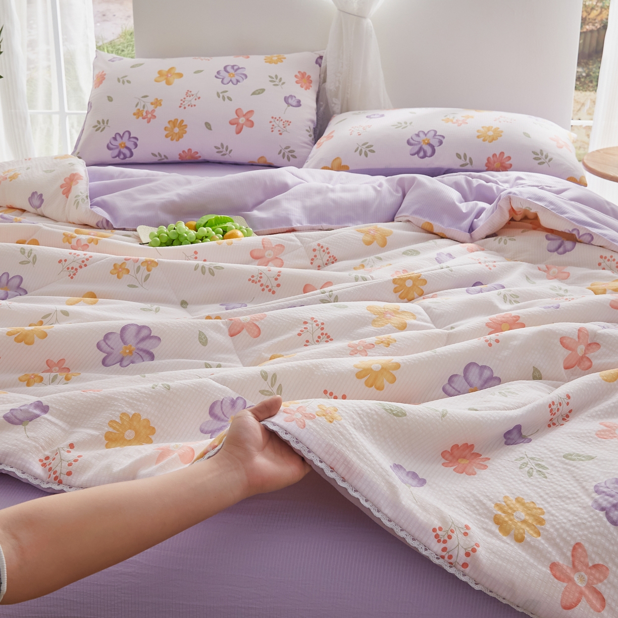 91家纺网 家纺一手货源 找家纺 帕芬鸟家纺 2026春夏新款双层皱皱纱水洗棉大豆夏被夏凉被空调被 花海