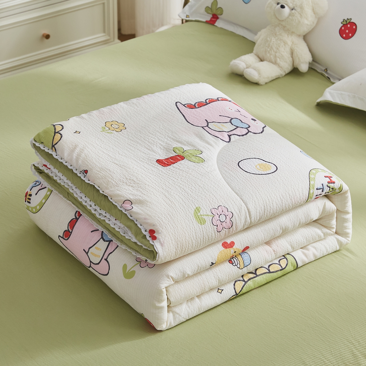 91家纺网 家纺一手货源 找家纺 帕芬鸟家纺 2026春夏新款双层皱皱纱水洗棉大豆夏被夏凉被空调被 恐龙谷