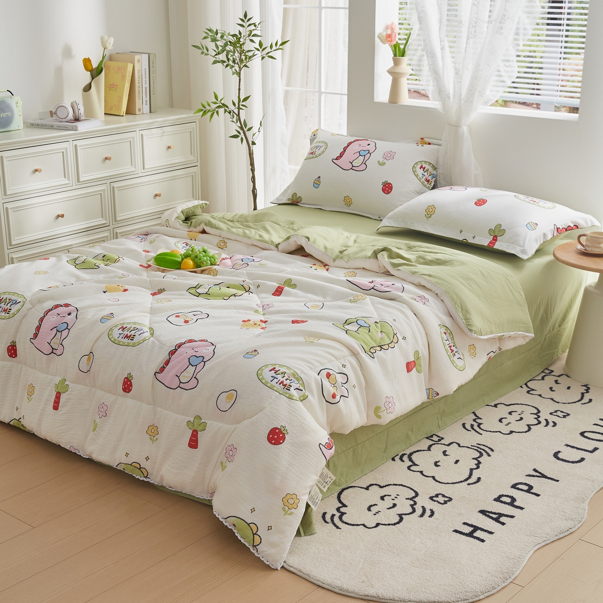 91家纺网 家纺一手货源 找家纺 帕芬鸟家纺 2026春夏新款双层皱皱纱水洗棉大豆夏被夏凉被空调被 恐龙谷