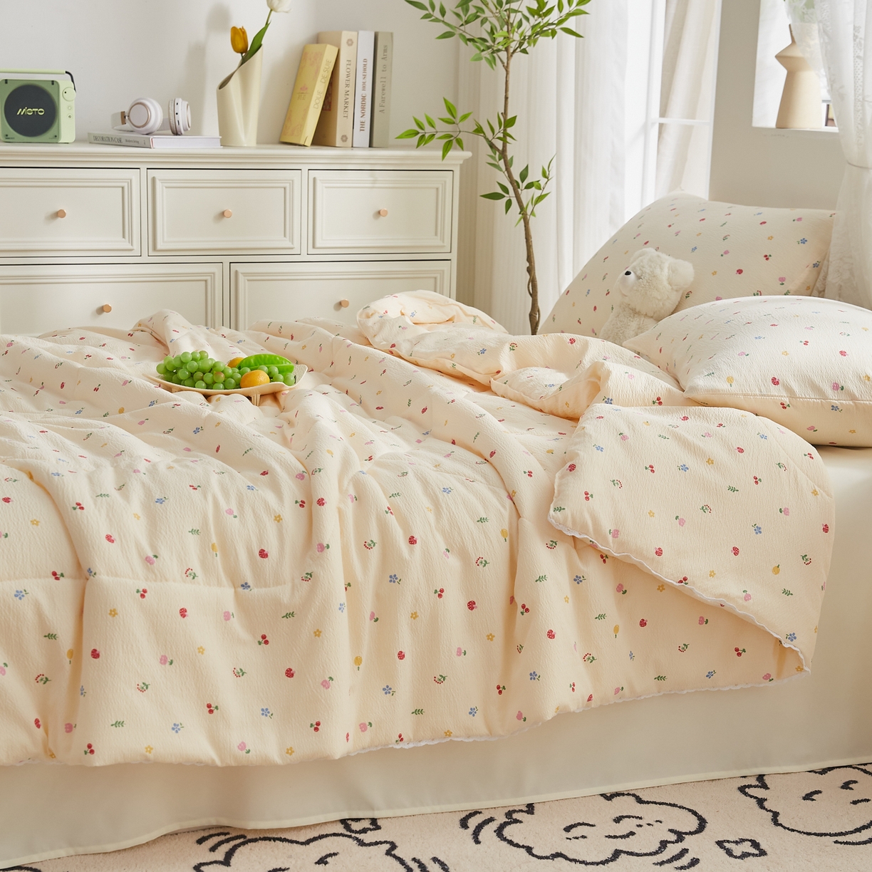 91家纺网 家纺一手货源 找家纺 帕芬鸟家纺 2026春夏新款双层皱皱纱水洗棉大豆夏被夏凉被空调被 莓果森林