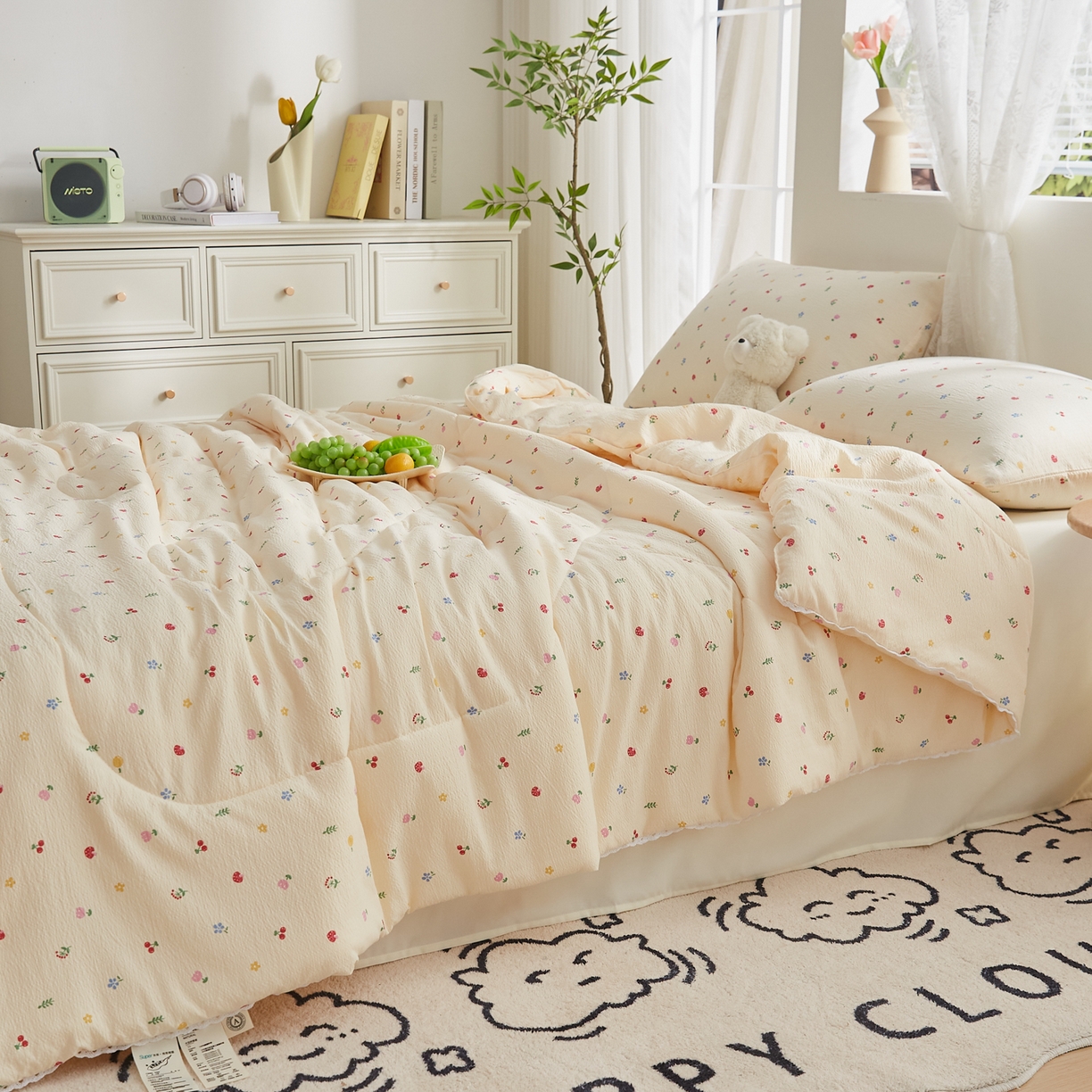 91家纺网 家纺一手货源 找家纺 帕芬鸟家纺 2026春夏新款双层皱皱纱水洗棉大豆夏被夏凉被空调被 莓果森林