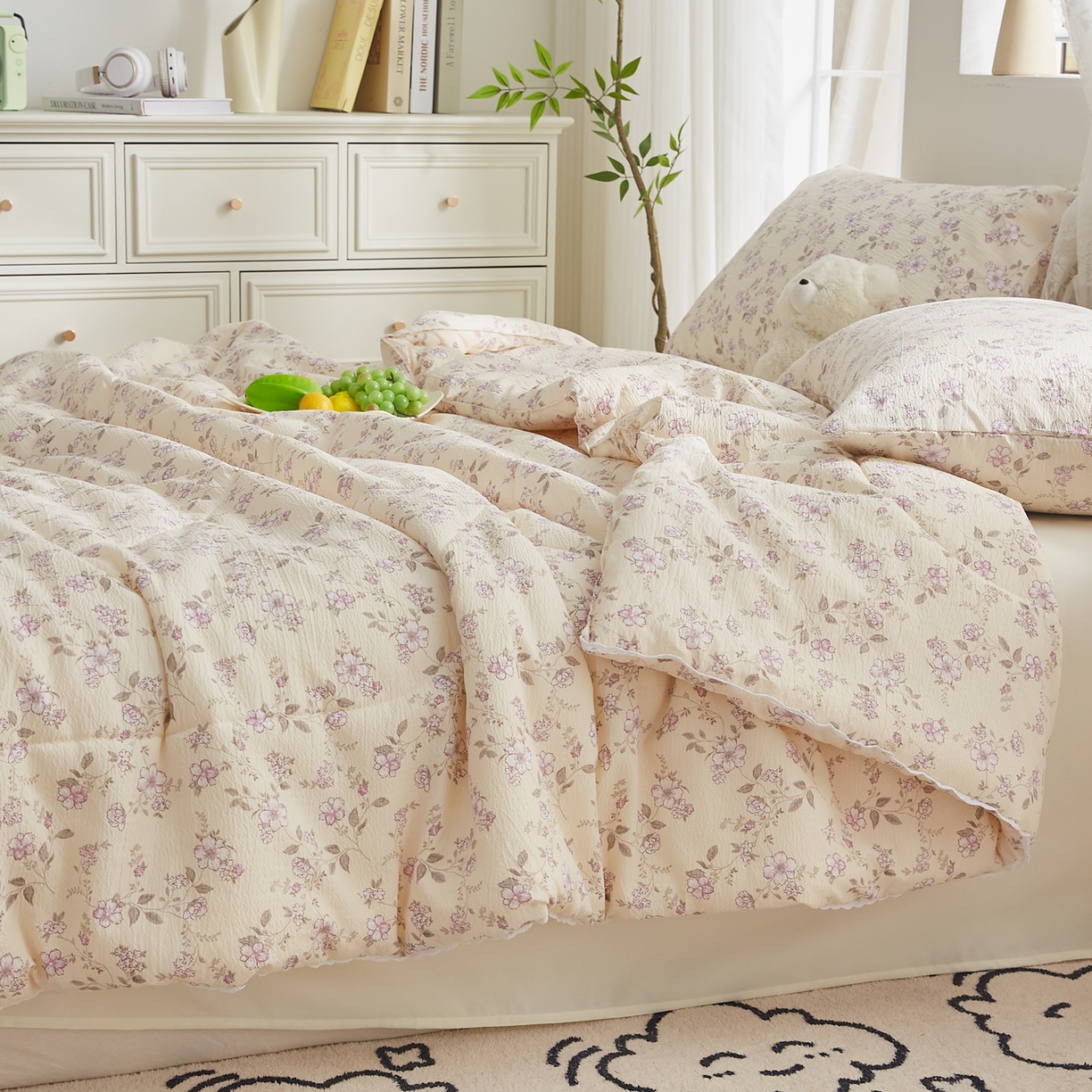 91家纺网 家纺一手货源 找家纺 帕芬鸟家纺 2026春夏新款双层皱皱纱水洗棉大豆夏被夏凉被空调被 花间蜜语