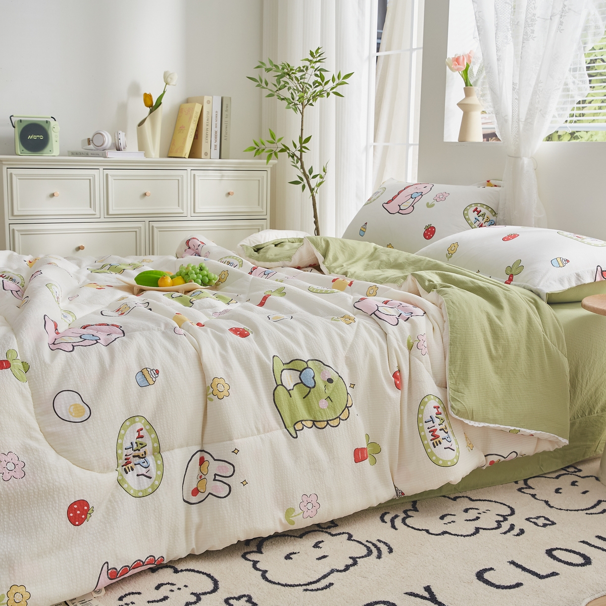 91家纺网 家纺一手货源 找家纺 帕芬鸟家纺 2026春夏新款双层皱皱纱水洗棉大豆夏被夏凉被空调被 恐龙谷