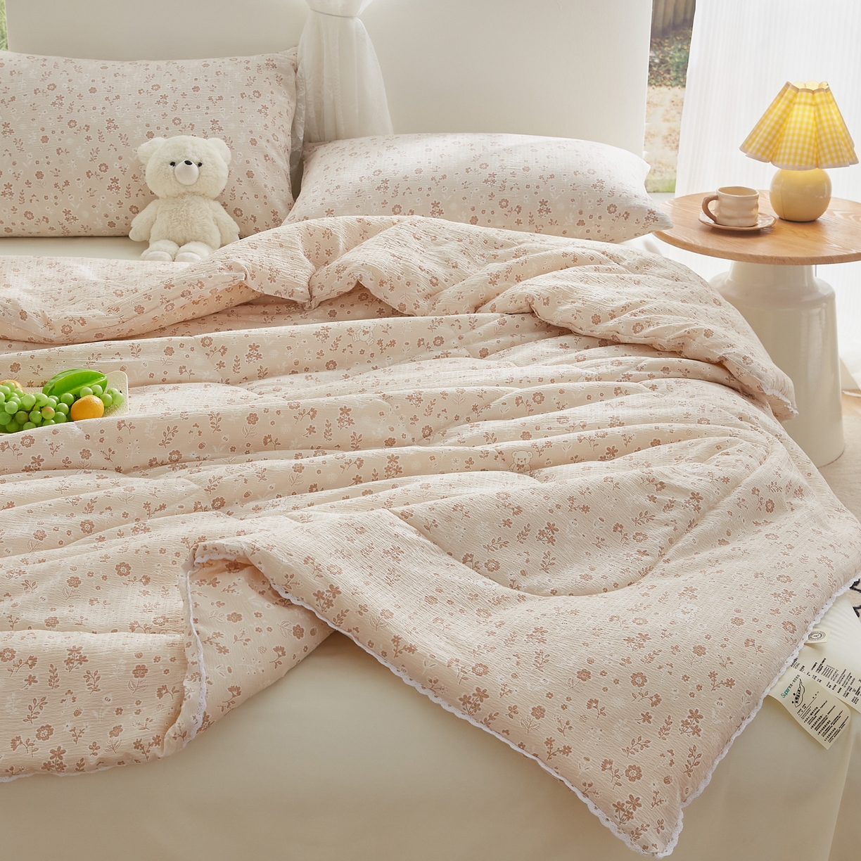 91家纺网 家纺一手货源 找家纺 帕芬鸟家纺 2026春夏新款双层皱皱纱水洗棉大豆夏被夏凉被空调被 花间小熊