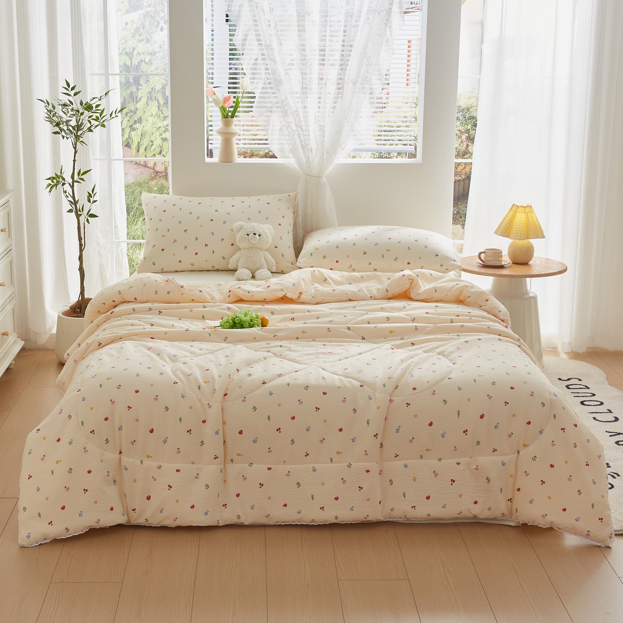 91家纺网 家纺一手货源 找家纺 帕芬鸟家纺 2026春夏新款双层皱皱纱水洗棉大豆夏被夏凉被空调被 莓果森林