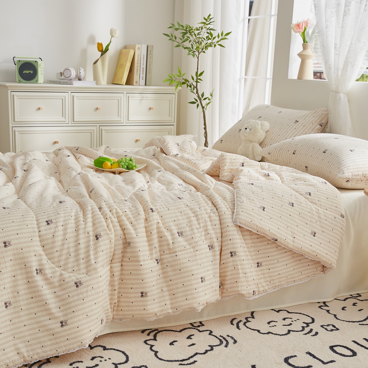 91家纺网 家纺一手货源 找家纺 帕芬鸟家纺 2026春夏新款双层皱皱纱水洗棉大豆夏被夏凉被空调被 爱心樱桃