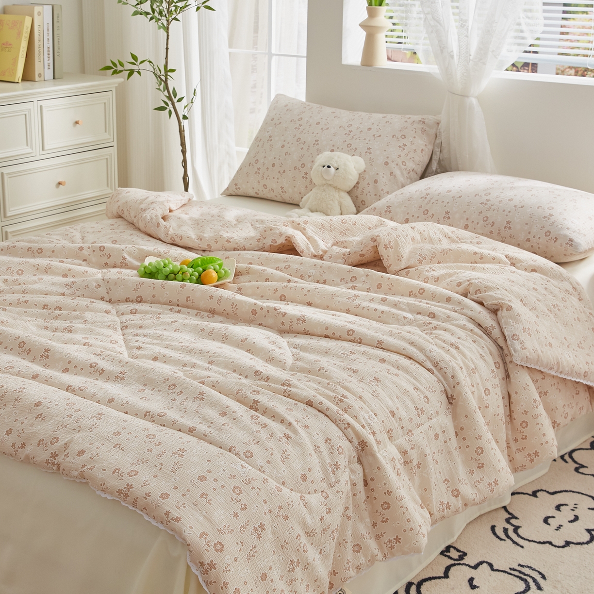 91家纺网 家纺一手货源 找家纺 帕芬鸟家纺 2026春夏新款双层皱皱纱水洗棉大豆夏被夏凉被空调被 花间小熊