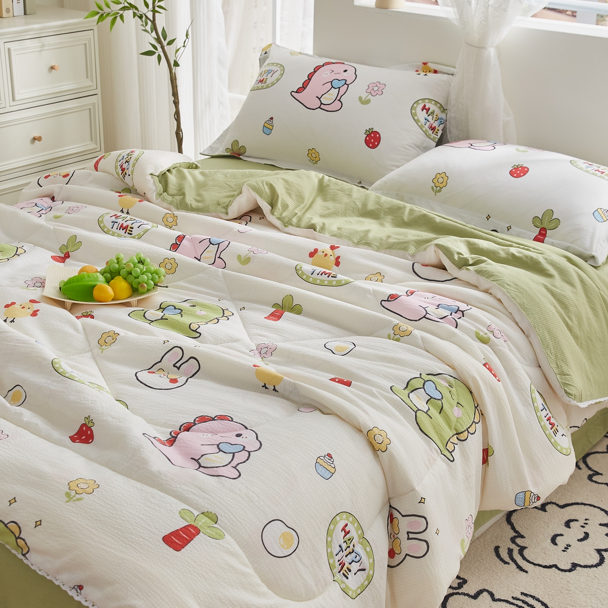 91家纺网 家纺一手货源 找家纺 帕芬鸟家纺 2026春夏新款双层皱皱纱水洗棉大豆夏被夏凉被空调被 恐龙谷