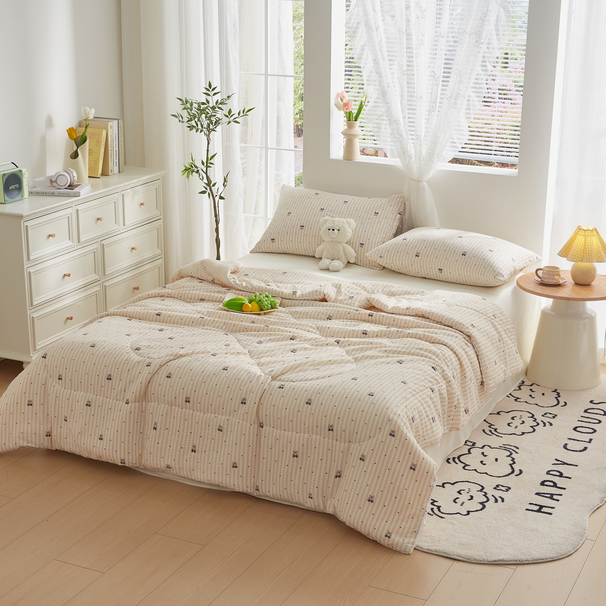 91家纺网 家纺一手货源 找家纺 帕芬鸟家纺 2026春夏新款双层皱皱纱水洗棉大豆夏被夏凉被空调被 爱心樱桃