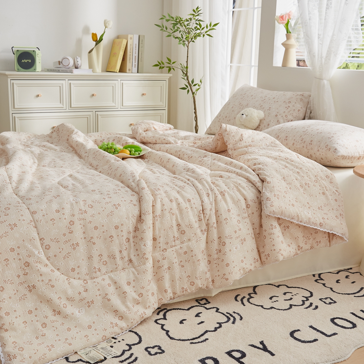 91家纺网 家纺一手货源 找家纺 帕芬鸟家纺 2026春夏新款双层皱皱纱水洗棉大豆夏被夏凉被空调被 花间小熊