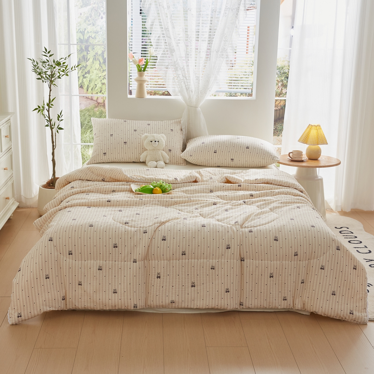 91家纺网 家纺一手货源 找家纺 帕芬鸟家纺 2026春夏新款双层皱皱纱水洗棉大豆夏被夏凉被空调被 爱心樱桃