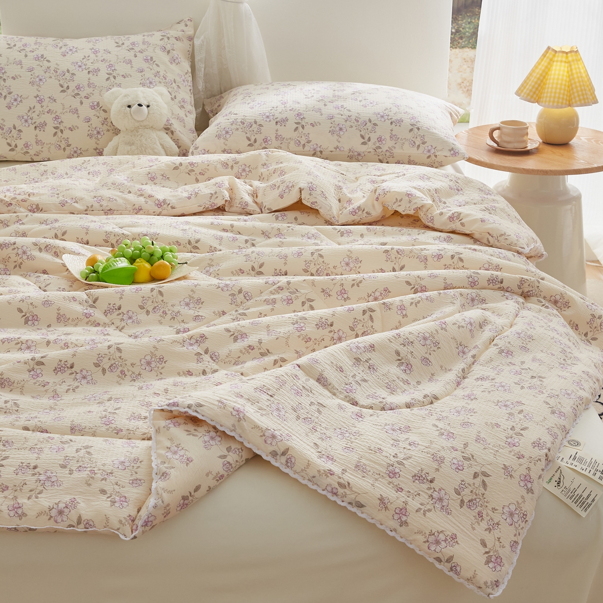 91家纺网 家纺一手货源 找家纺 帕芬鸟家纺 2026春夏新款双层皱皱纱水洗棉大豆夏被夏凉被空调被 花间蜜语