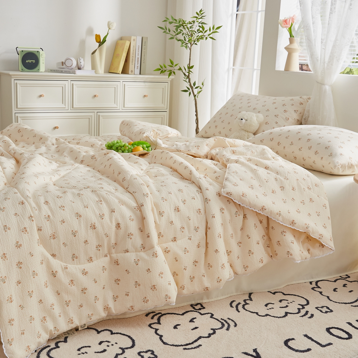 91家纺网 家纺一手货源 找家纺 帕芬鸟家纺 2026春夏新款双层皱皱纱水洗棉大豆夏被夏凉被空调被 花漾