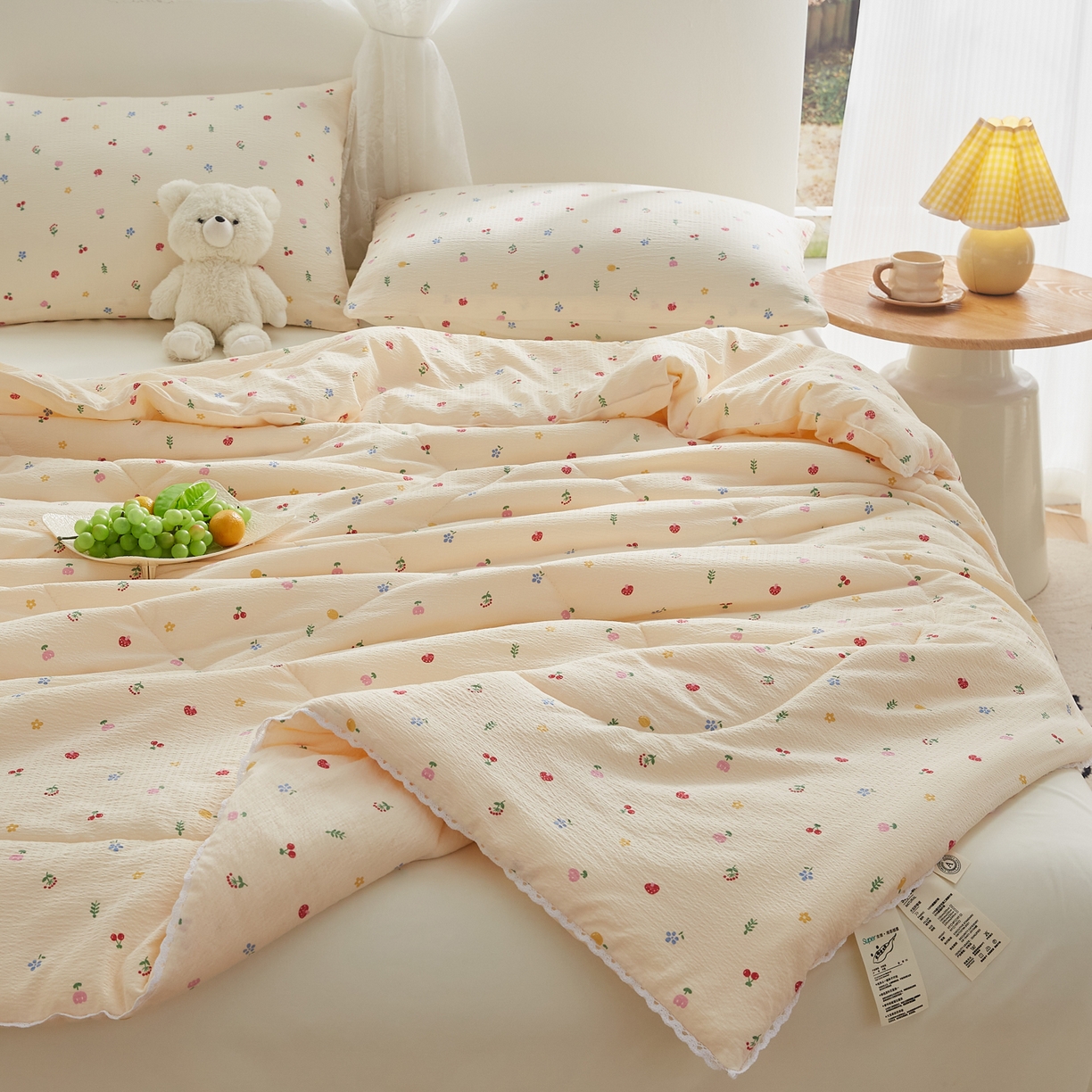 91家纺网 家纺一手货源 找家纺 帕芬鸟家纺 2026春夏新款双层皱皱纱水洗棉大豆夏被夏凉被空调被 莓果森林