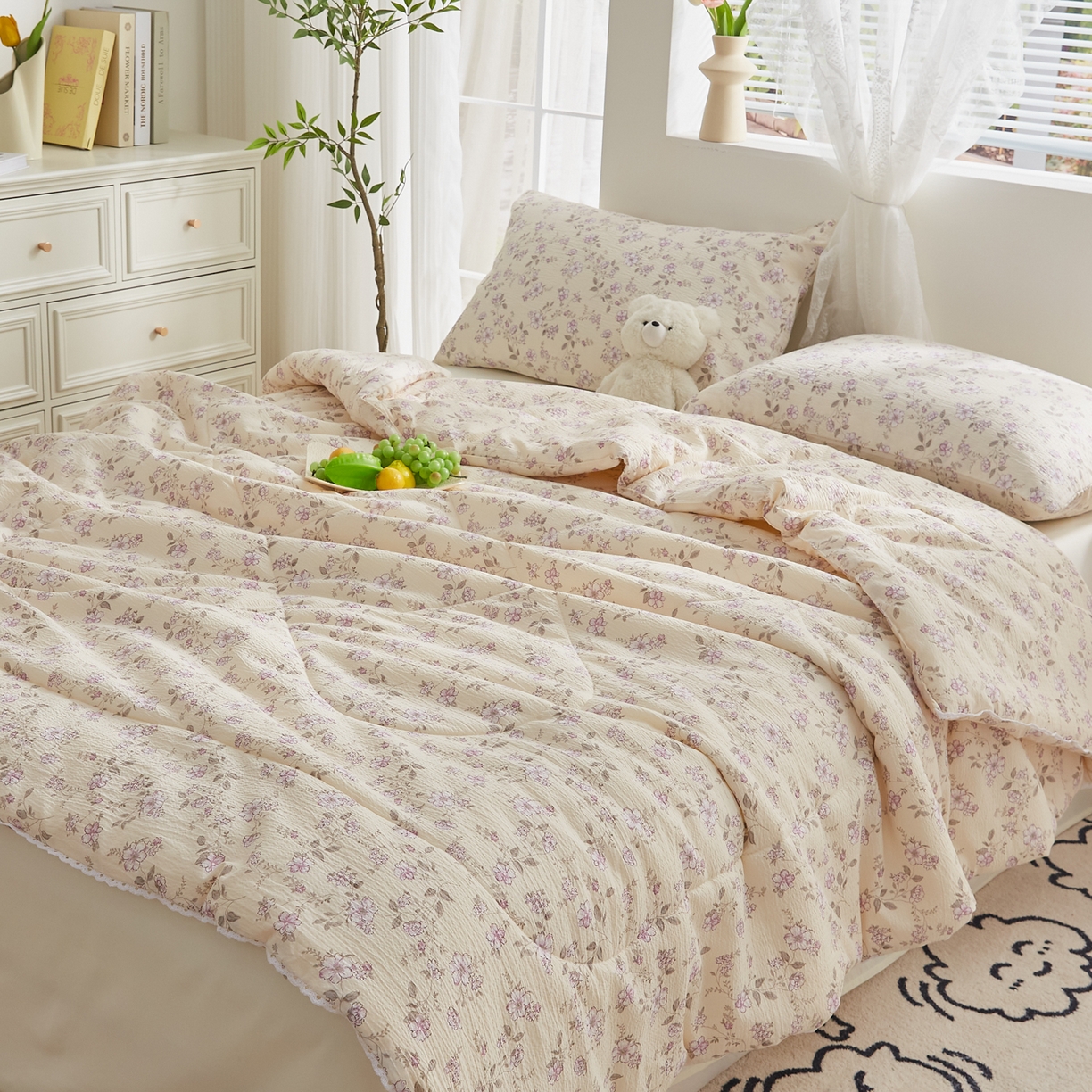 91家纺网 家纺一手货源 找家纺 帕芬鸟家纺 2026春夏新款双层皱皱纱水洗棉大豆夏被夏凉被空调被 花间蜜语