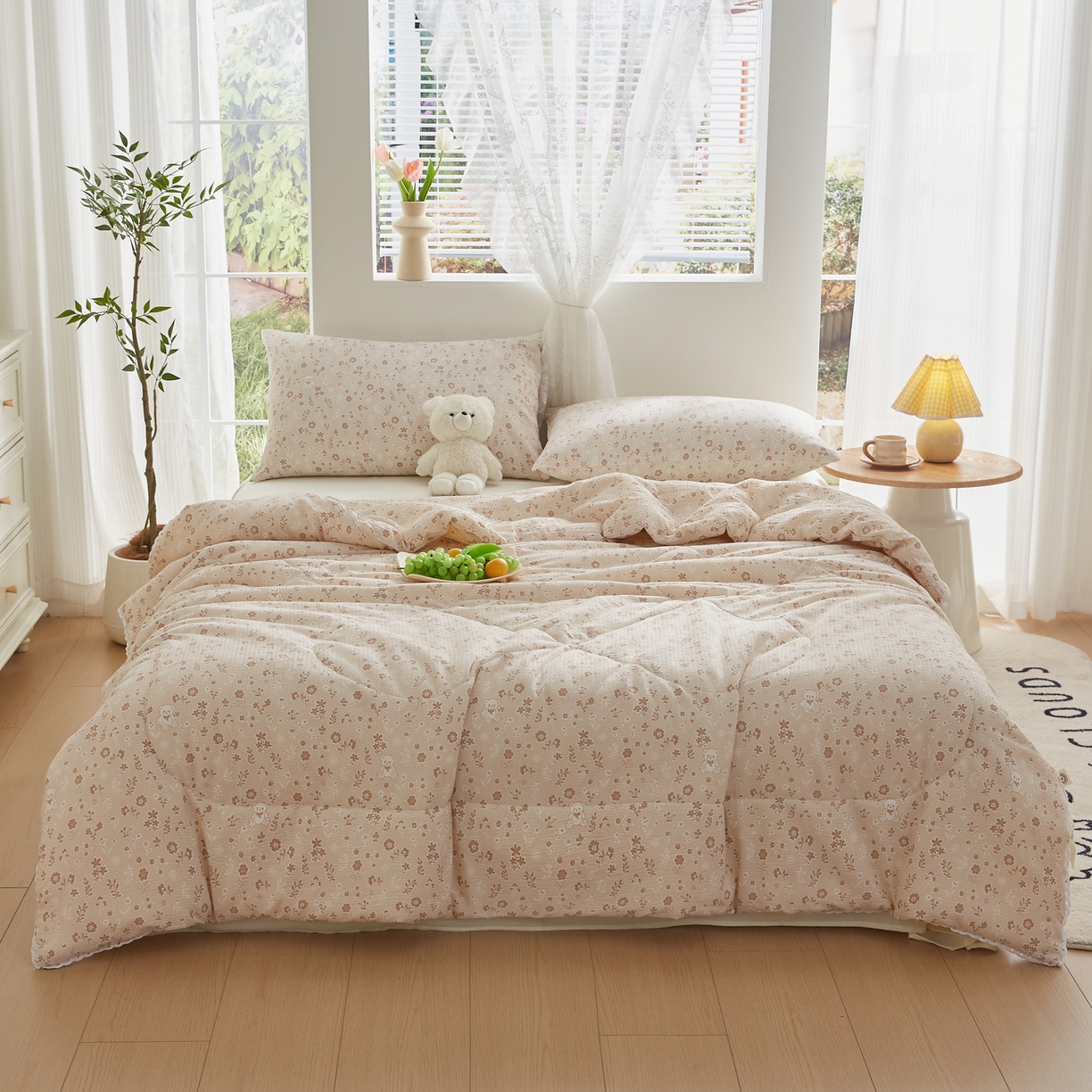 91家纺网 家纺一手货源 找家纺 帕芬鸟家纺 2026春夏新款双层皱皱纱水洗棉大豆夏被夏凉被空调被 花间小熊