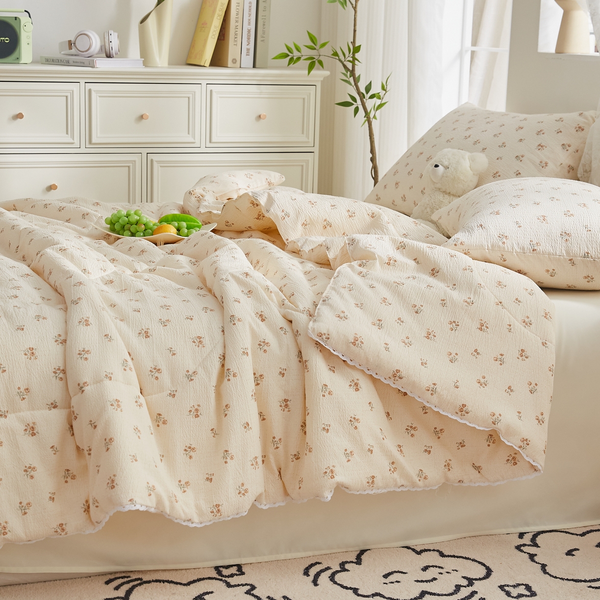 91家纺网 家纺一手货源 找家纺 帕芬鸟家纺 2026春夏新款双层皱皱纱水洗棉大豆夏被夏凉被空调被 花漾