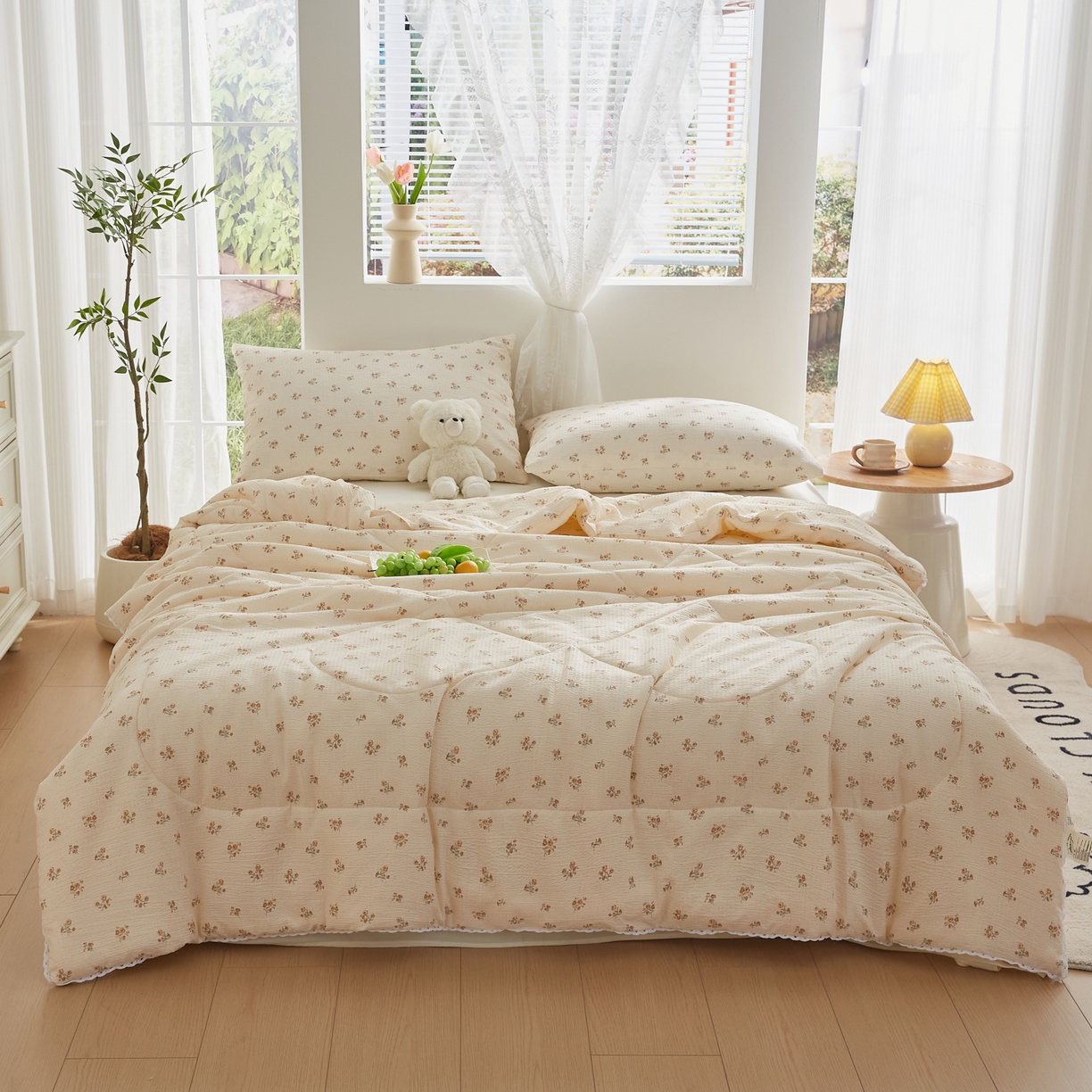 91家纺网 家纺一手货源 找家纺 帕芬鸟家纺 2026春夏新款双层皱皱纱水洗棉大豆夏被夏凉被空调被 花漾