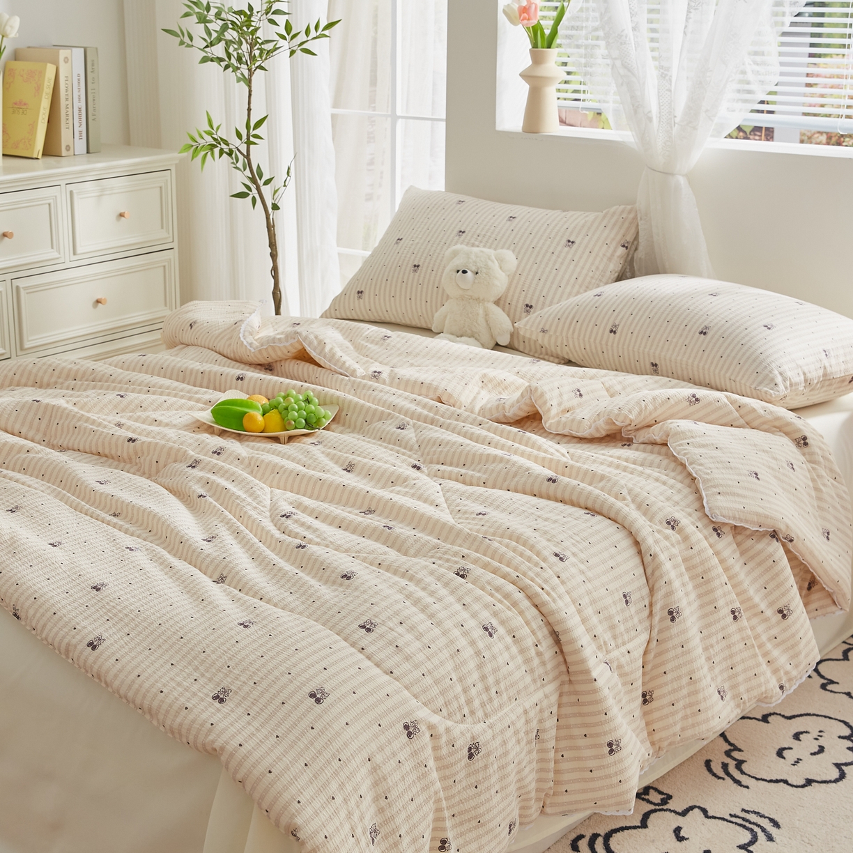 91家纺网 家纺一手货源 找家纺 帕芬鸟家纺 2026春夏新款双层皱皱纱水洗棉大豆夏被夏凉被空调被 爱心樱桃