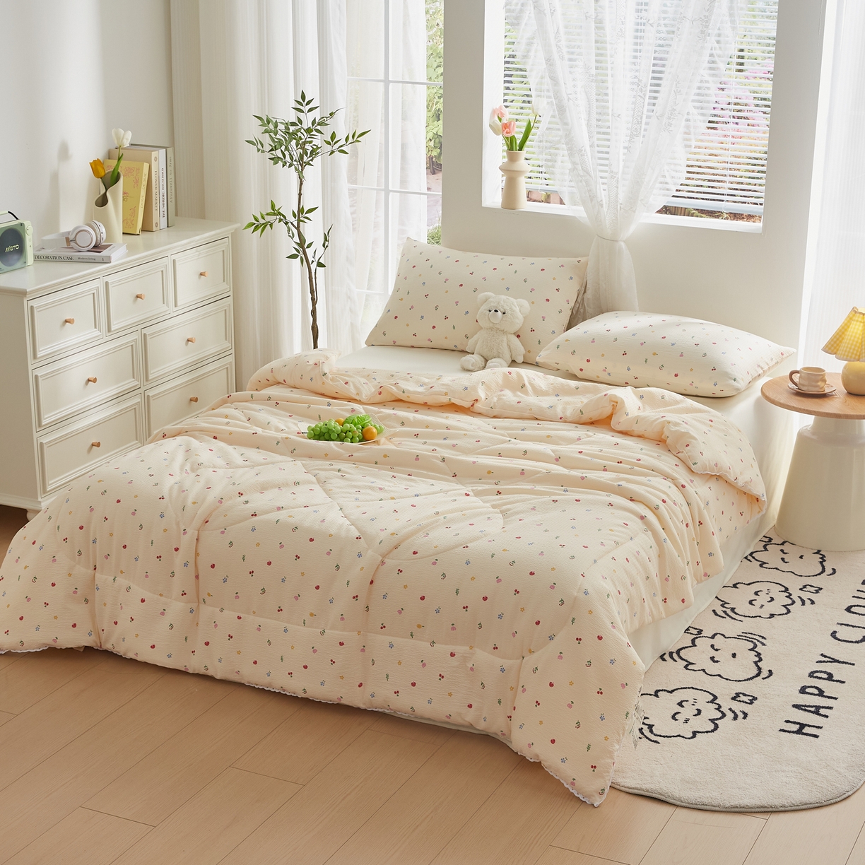 91家纺网 家纺一手货源 找家纺 帕芬鸟家纺 2026春夏新款双层皱皱纱水洗棉大豆夏被夏凉被空调被 莓果森林